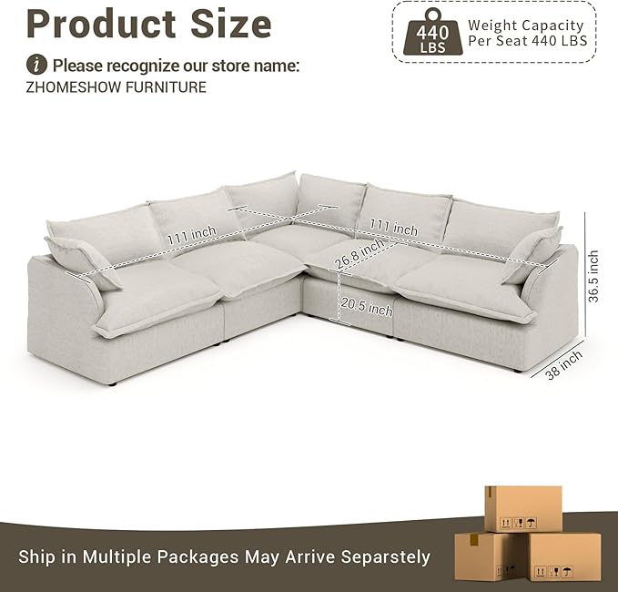 Oversized Modular Sectional Sofa, 5 Seater V Shaped Modular Couch with Washable Cover, Comfy Down Fill Cloud Couch, Light Grey
