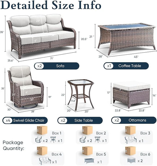 Belord Luxury 6" Thick Cushioned 11 Pieces Patio Furniture Set with Outdoor Couch, Wicker Outdoor Conversation Set with High Back Swivel Rocker Chairs for Deck Porch Yard and Poolside - Brown+Beige