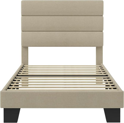 SHA CERLIN Twin Platform Bed Frame with Upholstered Fabric Headboard, Mattress Foundation with Strong Wooden Slats Support, No Box Spring Needed, Beige