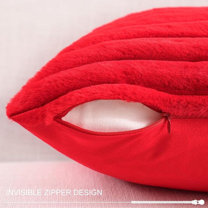 Pallene Faux Fur Plush Christmas Throw Pillow Covers 16x16 Set of 2, Luxury Soft Fluffy Striped Decorative Pillow Covers for Sofa, Couch, Living Room, Red