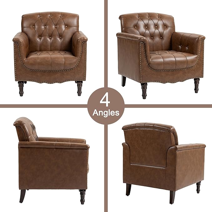 Faux Leather Accent Chairs Set of 4, Upholstered Armchairs with Nailhead Trims & Wood Legs for Living Room, Bedroom, Contemporary Comfy Club Chairs for Office-Brown
