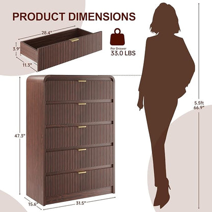 FURSUN Fluted 5 Drawers Dresser for Bedroom, 48" Tall Wooden Modern Dresser with Metal Handle, Curved Profile Design, Storage Organizer for Living Room, Hallway（Dark Walnut）