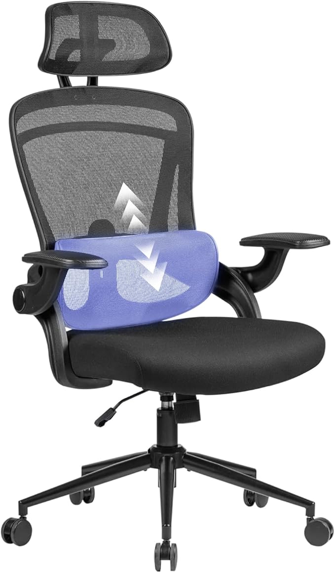 Nouhaus Ergonomic Mesh Office Chair Adjustable Lumbar Support and Flip-up Armrests High Back Headrest, Tilt Function Comfy Computer Gaming Chair Swivel Desk Chairs (Ergo Fit,Dark Black)