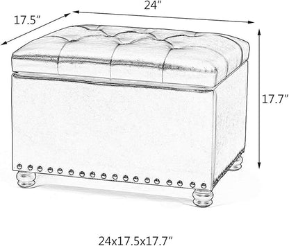 24'' Leather Storage Ottoman Rectangular Foot Rest Stool with Nailhead Trim for Bedroom Living Room(Red)