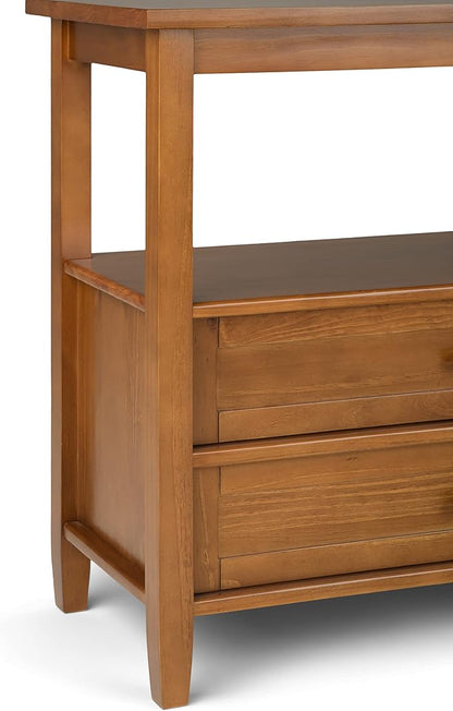 SIMPLIHOME Warm Shaker Wide Console Table - 60 Inch Wide Solid Wood Sofa Table in Light Golden Brown, Transitional Storage for Living Room with 4 Drawers, Open Shelf, and Brushed Nickel Knobs