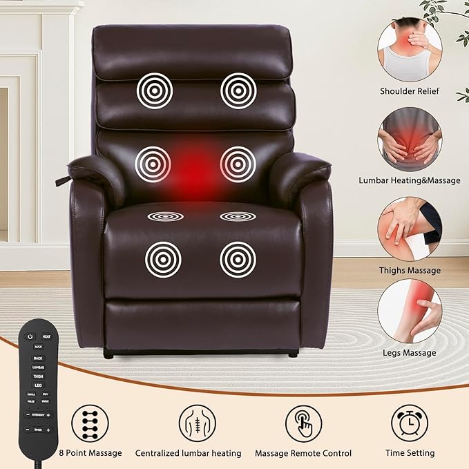 EONIX Wide Lay Flat Power Lift Recliner Chair for Elderly, Oversized Breathable Leather Electric Lift Chairs, 400lbs Heavy Duty Power Recliner with Heat and Massage, SLRY004063, Dark Brown