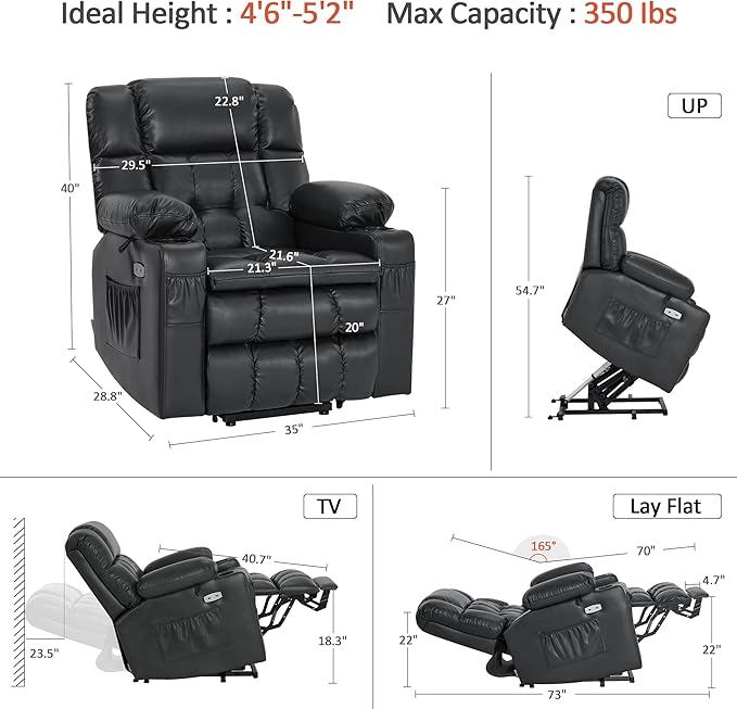 MCombo Dual Motor Small Power Lift Recliner Chair for Elderly, Lay Flat Lift Chair with Heat and Massage, Petite Lift Chair, Cup Holders, Faux Leather 7893 (Black, Small)