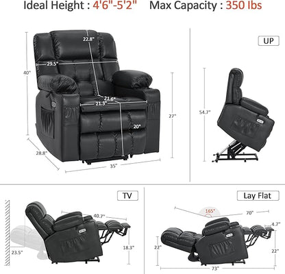 MCombo Dual Motor Small Power Lift Recliner Chair for Elderly, Lay Flat Lift Chair with Heat and Massage, Petite Lift Chair, Cup Holders, Faux Leather 7893 (Black, Small)