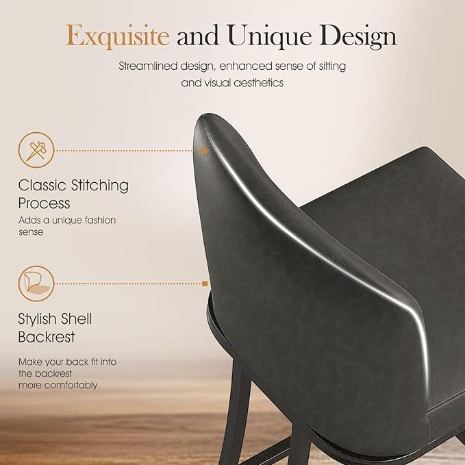Sophia & William Grey Bar Stools Set of 3, Counter Height 24" Bar Chairs, Modern Faux Leather Bar Stools with Back
