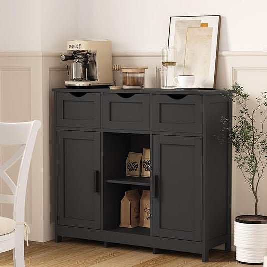 Sideboard Floor Storage Cabinet - Wooden Storage Organizer with 2 Doors and 3 Drawers, Free Standing Accent Buffet Cabinet with Adjustable Shelves for Living Room, Bedroom.Bathroom (Black)