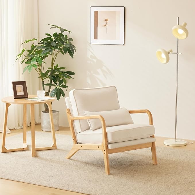 Karl home Accent Chair Mid-Century Modern Chair with Pillow Upholstered Lounge Arm Chair with Solid Wood Frame & Soft Cushion for Living Room, Bedroom, Balcony, Linen White (Low Back)
