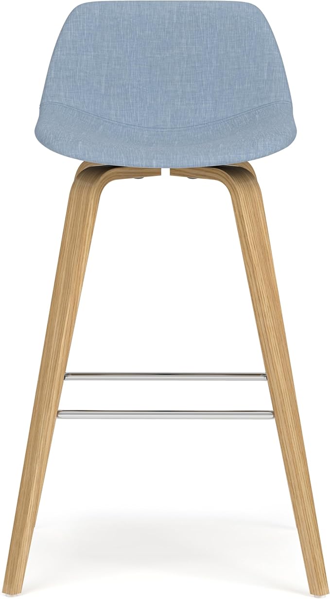 SIMPLIHOME Randolph Counter Stools (Set of 2) - 28 Inch Seat Height Upholstered Bentwood Kitchen Seats in Denim Blue Polyester Linen, Mid Century Modern Seating with Curved Backrest and Footrest