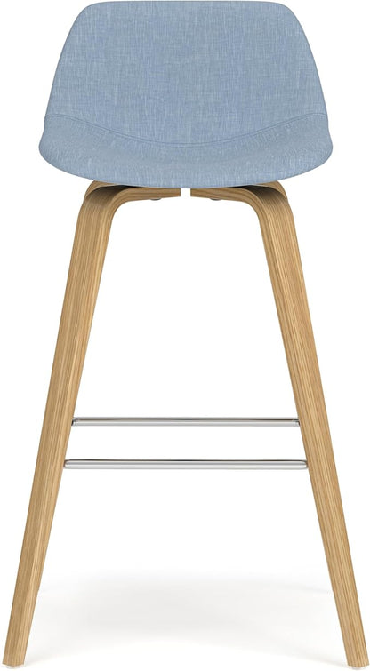 SIMPLIHOME Randolph Counter Stools (Set of 2) - 28 Inch Seat Height Upholstered Bentwood Kitchen Seats in Denim Blue Polyester Linen, Mid Century Modern Seating with Curved Backrest and Footrest