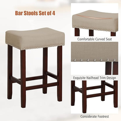 COSTWAY Counter Height Bar Stools Set of 4, 25-inch Backless Saddle Stools with Nailhead Trim, Rubber Wood Frame, Footrest, Max Load 330 Lbs, Upholstered Barstools for Kitchen Island Pub, Beige