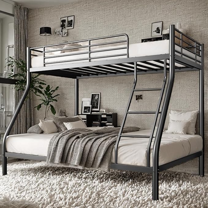 SDHYL Bunk Beds Twin Over Full Size, Heavy Duty Metal Bunk Bed Frame for Adults, Space-Saving & No Box Spring Needed, Black