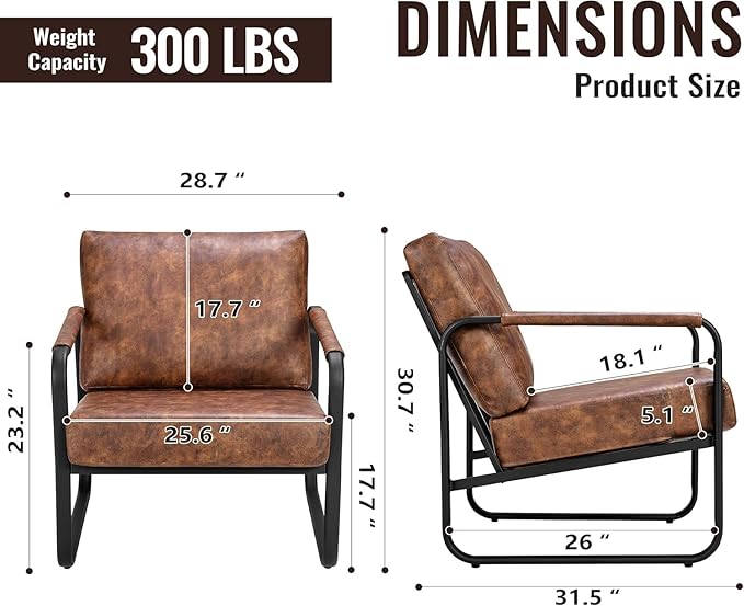 PrimeZone Mid-Century Modern Accent Chair Set of 4 - Comfy Faux Leather Living Room Chair, Lounge Armchair with Extra Soft Padded & Cushion, Ergonomic Accent Chair for Bedroom, Office, Brown