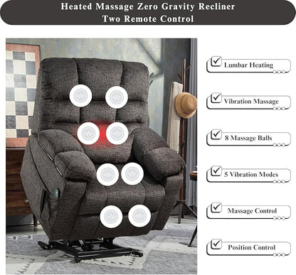 3-Motor Lift Chair with Adjustable Seat Height Zero Gravity Lay Flat Recliner with Heat Massage, Big Man Lift Recliners 400 lbs for Elderly Storage Cup Holders, Tall Man Recliners