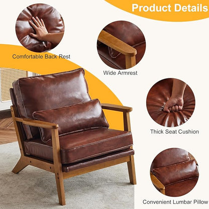 Karl home Accent Chair Wide Armrest Mid-Century Lounge Chair PU Leather Armchair with Lumbar Pillow & Solid Wood Frame for Living Room, Bedroom, Balcony, Red-Brown