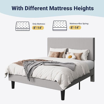 Allewie Queen Size Upholstered Bed Frame with Vertical Channel Tufted Headboard, Soft Corduroy Fabric Platform Bed, Strong Wooden Slats Support, Easy Assembly, No Box Spring Needed, Light Grey