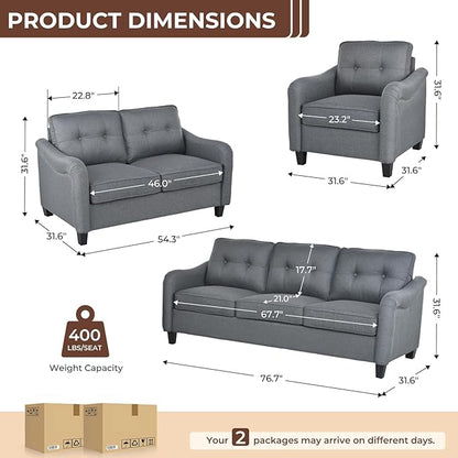 3 Piece 6-Seater Living Room Sofa Set, Modern Upholstered 3-Seater Sofa, Loveseat & Armchair, Handmade Nailhead Trim, Ergonomic Deep-Seat Couch for Living Room (Gray, Rolled Arm)