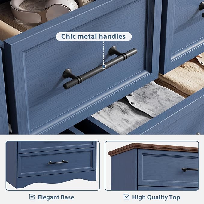 Blue Farmhouse Dresser for Bedroom, Modern 7 Chest of Drawers, 47" Wide Chest of Drawers w/Brushed Metal Handle, Wood Dresser TV Stand and Storage Cabinet for Bedroom, Living Room, Hallway