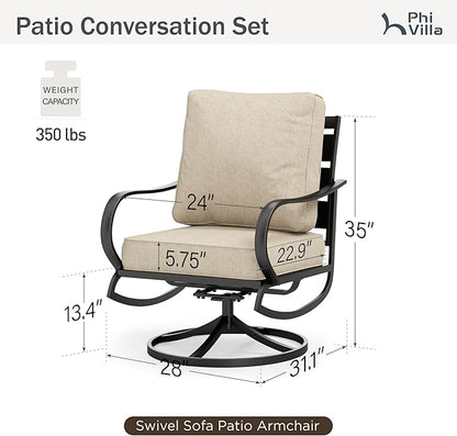 PHI VILLA Patio Furniture Chair Set for 2, Deluxe Outdoor Conversation Set with 2 Swivel Padded Sofa Chair, Full Metal with 5.8" Cushion for Deck, Lawn, Garden