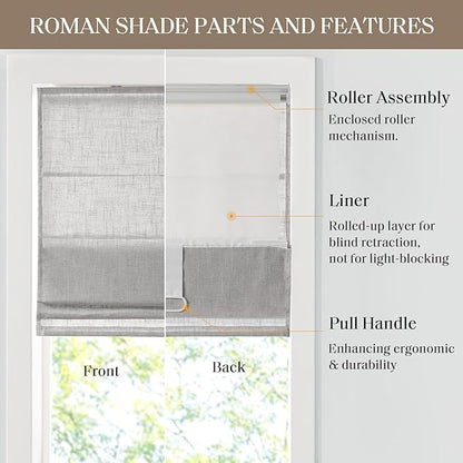 Madison Park Kyler Cordless Roman Shades - Single Panel, Lightweight Linen Blend Fabric, Natural Design, Easy Installation, Light Filtering Window Blind, Bedroom, Living Room Decor 35" W x 64" H Grey