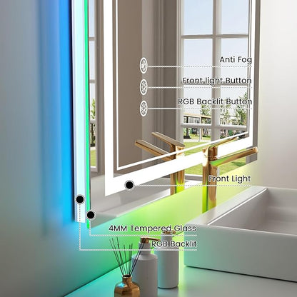 44x32 inch LED Bathroom Mirror with RGB Lights, Color Changing Backlit Mirror, Shatterproof, Dimmable Anti-Fog, Lighted Vanity Mirror (RGB Multicolor Backlit + Adjustable Front-Lighted)