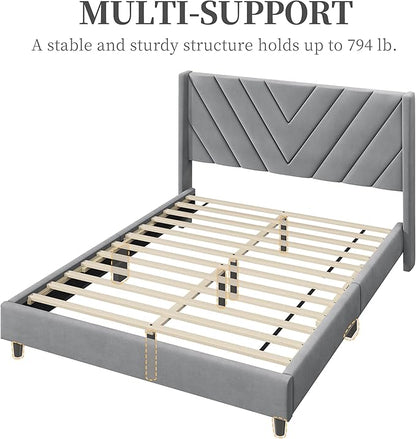 Yaheetech Queen Bed Frame Upholstered Platform Bed with Wing Side/Wooden Slat Support/Tufted Headboard with Wing Side/Mattress Foundation/No Box Spring Needed,Light Gray Queen Bed