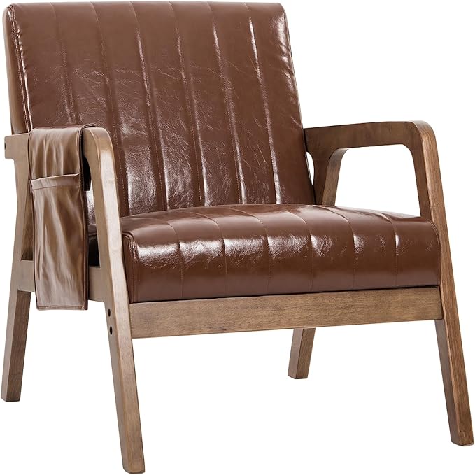 EROMMY Mid Century Modern Leather Accent Chair with Wood Frame, Faux Leather Accent Armchair with Storage Bag,Faux Pu Living Room Accent Chair for Reading, Bedroom,Reddish Brown