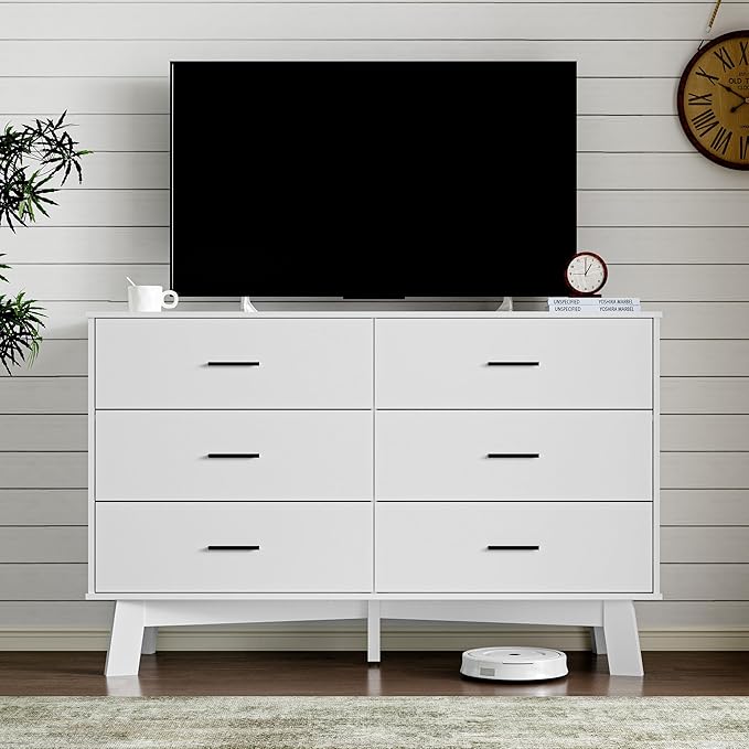 Dresser for Bedroom with 6-Drawer, 47.2" Modern Chest of Drawers with Metal Handles, X-Shape Base & Adjustable Center Leg, Anti-Tip Closet Organizers and Storage