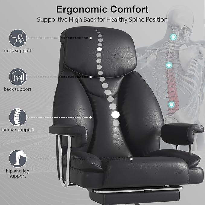 Big and Tall Office Chair, Executive Home Office Desk Chair, Comfy Leather High-Back Reclining Computer Chair with Retractable Footrest and Padded Arms, 360°Swivel Rolling Wheels, Wide Seat, Black