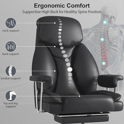 Big and Tall Office Chair, Executive Home Office Desk Chair, Comfy Leather High-Back Reclining Computer Chair with Retractable Footrest and Padded Arms, 360°Swivel Rolling Wheels, Wide Seat, Black