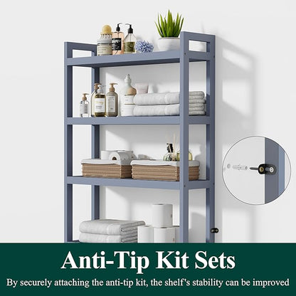 Smiry Over The Toilet Storage Cabinet, 4-Tier Bamboo Bathroom Organizers with Adjustable Shelf & 4 Hooks, Space Saving Shelf Rack for Bathrooms, Laundry Room, Balcony, Grey