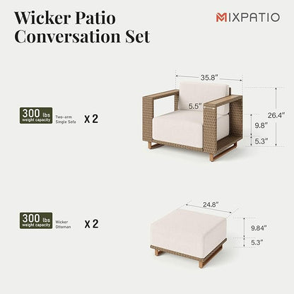 4 Pcs Outdoor Patio Furniture Set, Outdoor Wicker Modular Sofa Couch, 2 Rattan Armchairs, 2 Ottomans with 10" Extra Thick Cushions