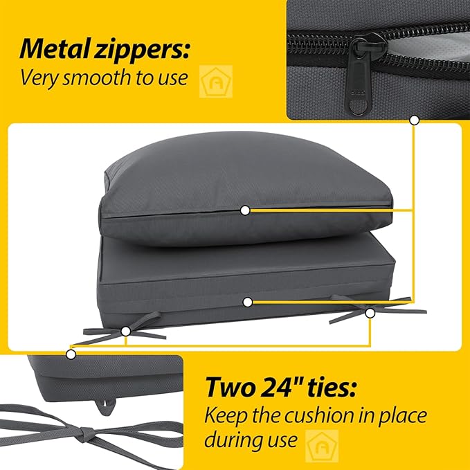 AAAAAcessories Outdoor Deep Seat Cushions, Waterproof, Fade-Resistant Patio Furniture Replacement Cushions, 24" x 24" x 5" + 24" x 13.5", Set of 2, Dark Gray