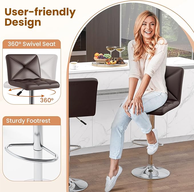 COSTWAY Bar Stools Set of 2, Modern PU Leather Swivel Bar Chairs, Height Adjustable Upholstered Barstools with Premium Gas Rod, Sturdy Footrest, Round Base, for Kitchen, Dining Room, Office,Brown