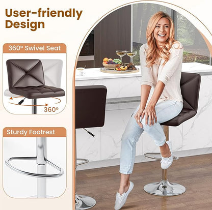 COSTWAY Bar Stools Set of 2, Modern PU Leather Swivel Bar Chairs, Height Adjustable Upholstered Barstools with Premium Gas Rod, Sturdy Footrest, Round Base, for Kitchen, Dining Room, Office,Brown