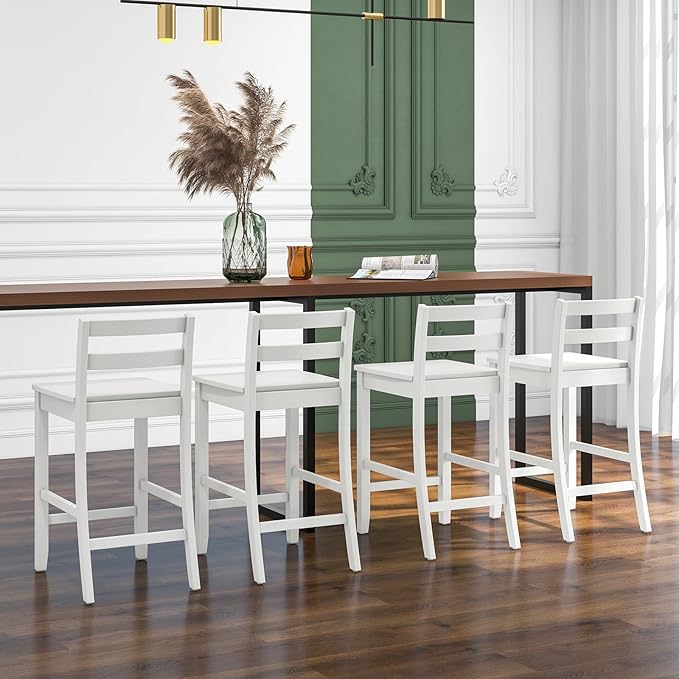 COSTWAY Wooden Bar Stools Set of 4, 24-Inch Counter Height Stools with Ergonomic Backrest & Footrest, Farmhouse High Dining Chairs for Kitchen Island, Pub, Cafe (4, White)