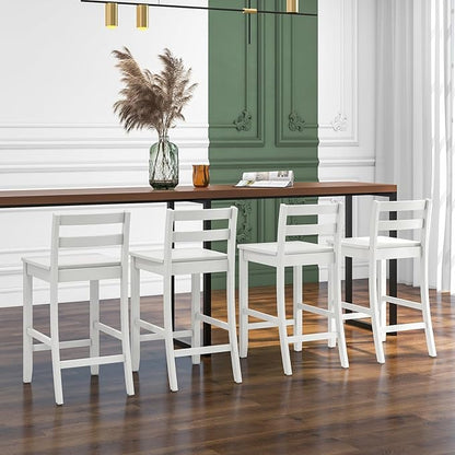 COSTWAY Wooden Bar Stools Set of 4, 24-Inch Counter Height Stools with Ergonomic Backrest & Footrest, Farmhouse High Dining Chairs for Kitchen Island, Pub, Cafe (4, White)