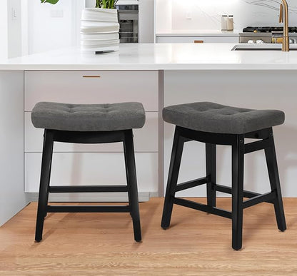 Counter Height Bar Stools Set of 2 for Kitchen Counter Farmhouse Modern Barstools with Faux Leather Upholstered Backless Seat and Solid Wood Legs 24 inch Bar Chairs, Grey + Black