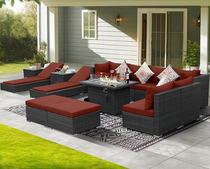 NICESOUL 13 Piece Wicker Patio Set with Chaise Lounge, XL Size 10-Seaters Outdoor Sectional Furniture with Long Firepit Suitable for Natural Gas/Propane, All Weather Heavy Duty Outside Sofas, Grey&Red