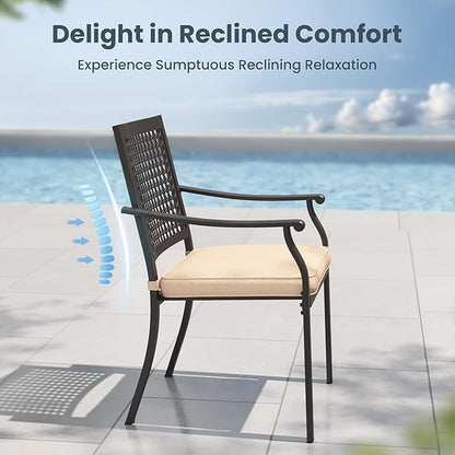 PHI VILLA Outdoor Wrought Iron Chairs Set of 6， Black Dining Bistro Metal Steel Stackable Chairs with Cushions, Support 300 LBS for Patio, Deck, Yard, Porch