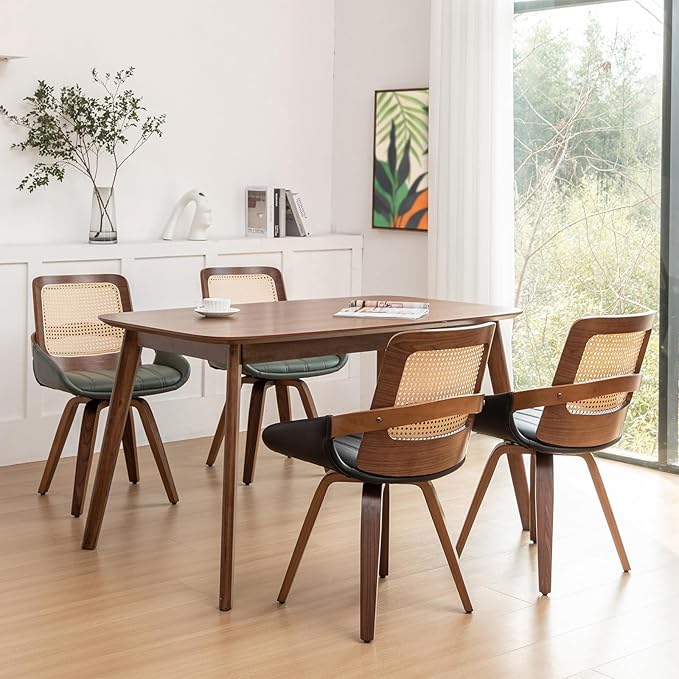 Set of 1 Swivel Rattan Dining Chair - Mid Century Modern Dining Chair with Bentwood Frame, Ergonomic Cane Back, Curved Arms, Faux Leather Swivel Chair for Kitchen/Restaurant (Walnut Black, Set of 1)
