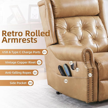 Large Power Lift Recliner Chair for Elderly, Oversized Lay Flat Lift Chair with Adjustable Headrest, Leather Recliner Chairs with Massage and Heat, Infinite Position,Extended Footrest,Beige