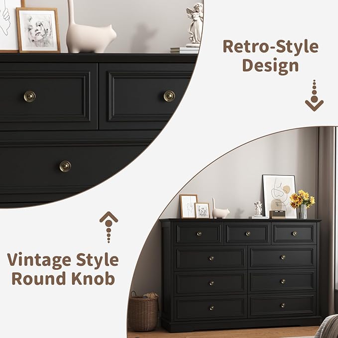 Dresser for Bedroom, 51" Wide Wood 9 Drawers Dresser with Storage, Retro Design Chest of Drawers for Bedroom, Living Room, Dressing Room, Hallway, Black