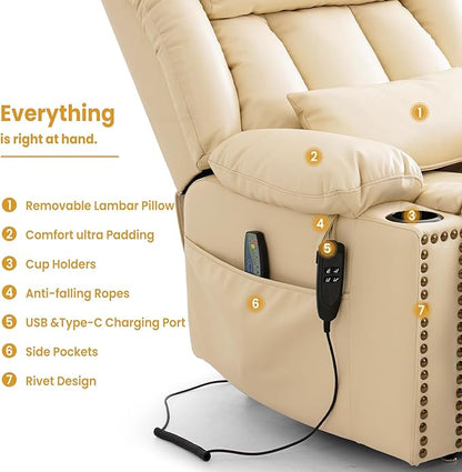 PARKOL Large Infinite Position Leather Power Lay Flat Lift Studded Recliner Chairs for Elderly, Dual Motor with Massage and Heating,Extended Footrest, USB&Type-C Port Remote,Cup Holder (Beige, Large)