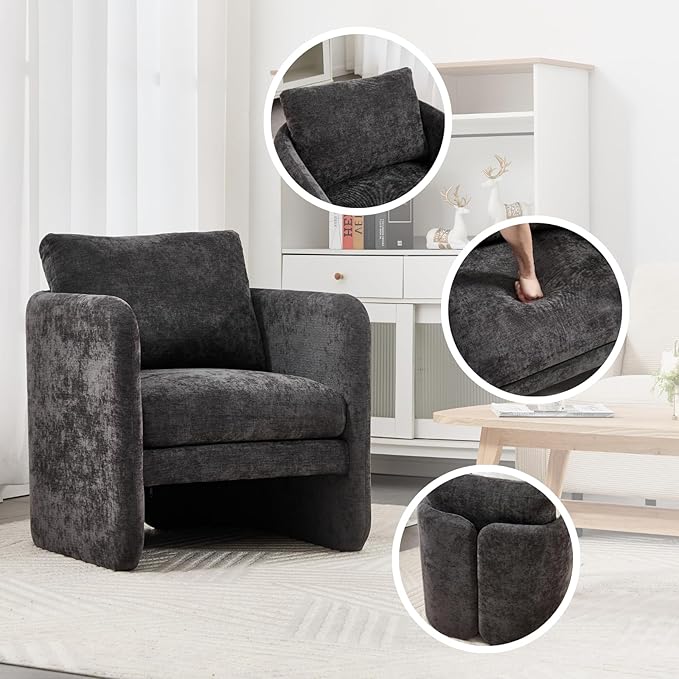 Modern Barrel Accent Chair, Single Sofa Chair with Removable Back Pillow, Comfy Chenille Upholstered Reading Accent Chair Lounge Armchair for Bedroom Living Room, Grey