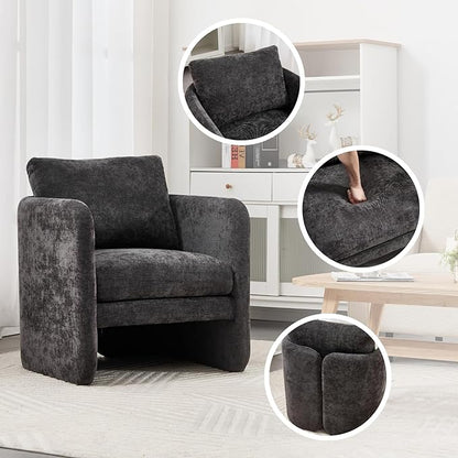 Modern Barrel Accent Chair, Single Sofa Chair with Removable Back Pillow, Comfy Chenille Upholstered Reading Accent Chair Lounge Armchair for Bedroom Living Room, Grey