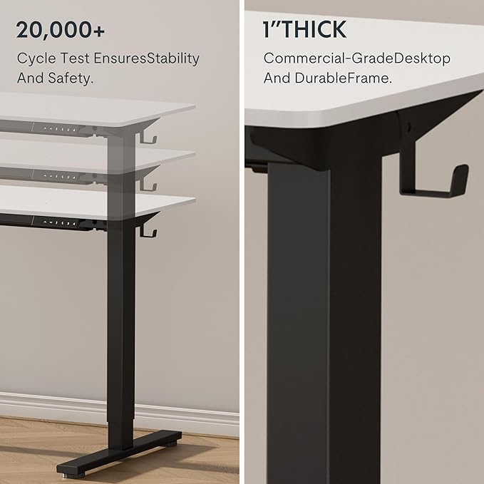 FLEXISPOT EN1 Whole-Piece Standing Desk - 48 x 30 Inches, Electric Height Adjustable, Heavy Duty Steel Frame with Automatic Smart Keypad (Black Frame + White Top, 2 Packages)